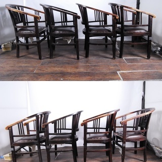 イギリス アンティーク チェア 椅子 チーク材　4脚セット 本革　アームチェア ダイニングチェア　アントレ