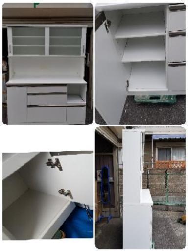 美品】大型レンジボード 幅160cm ホワイト鏡面 レンジ台 食器棚 ...