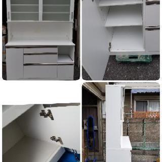 【美品】大型レンジボード 幅160cm ホワイト鏡面 レンジ台 食器棚