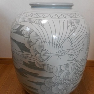 青磁？松鶴雲絵飾り花瓶 大型壺 花器　作者不明 和音?