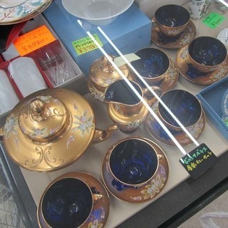 BOHEMIA/ボヘミアガラス 金彩ガラス カップ ソーサー ポット クリーマー シュガー ティーセット 西宮の沢