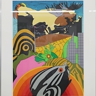 矢柳 剛　地球家族 シルクスクリーン　1981年　サイン入り　矢柳剛　額サイズ　90.5cm×70.5cm