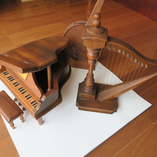 【インテリア置物　木製工芸品】楽器セット　ピアノ　ハープ　マンドリン