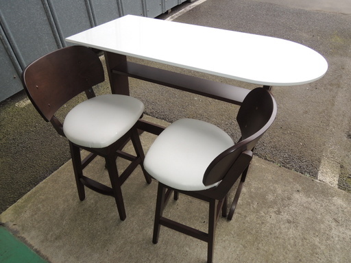 腰高ダイニングテーブルセット　白×茶　細長テーブル＋回転椅子2脚　水戸市より　20,000円→16,000円に値下げ
