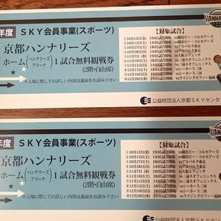 京都ハンナリーズ　2階自由席　2枚1組　2018年12月26日まで