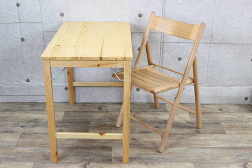 R32)【美品】無印良品 折り畳みテーブル パイン材 幅800×奥行500×高さ700 椅子もおまけで♪