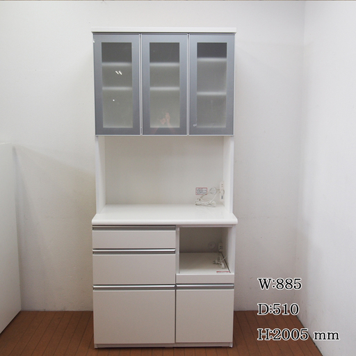 【良品】食器棚 キッチンボード 幅89cm 耐震ロックタイプ フルスライドレール 白 ホワイト (GA66)