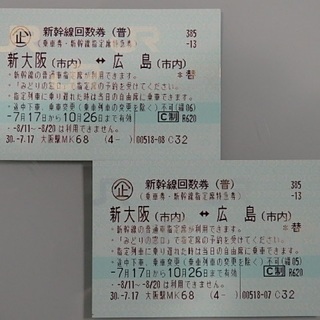 新幹線回数券（指定席付）　新大阪　広島　２枚