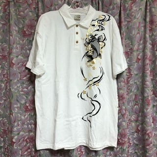 大きめポロシャツ☆4L和風昇り鯉縁起物☆ホワイト白ゴールド