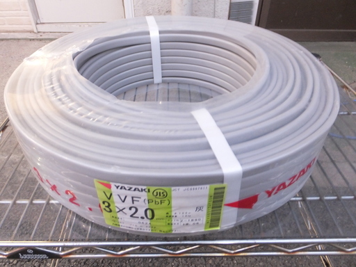 ☆ヤザキ 矢崎 YAZAKI VVF(PbF)ケーブル 3×2.0mm 100m（灰）◆屋内外低圧電線ケーブル