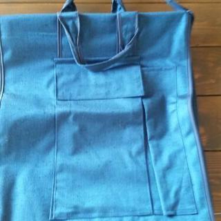 [未使用品]着物バック　持ち運び鞄　青色　つむぎ織り？