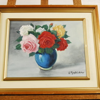 6451　油彩画　花瓶　薔薇　バラ　サイン有　吉田 H.Yosh...
