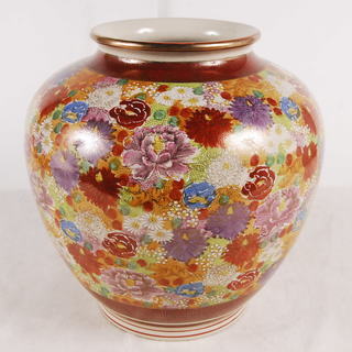 6515　薩摩焼 春洋造 金襴手色絵花詰文 花器　壺　高さ33ｃｍ　アントレ