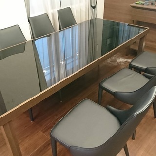 強化ガラスダイニング テーブル2100mm・ダイニングチェア 6脚セット 展示品(18877）
