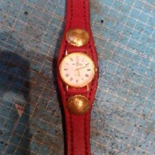 レザークラフト　赤革　ハンドメイド　腕時計　古銭