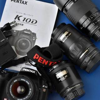 PENTAX K10D 標準ズーム、マクロ50mm改、望遠ズームレンズ2本、計4本付