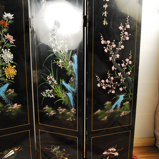 6897 中国衝立 漆塗り 宝石画 屏風 4連 春夏秋冬 石細工 ガラス張り