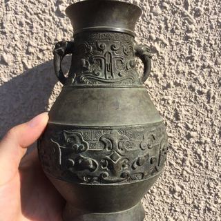 銅製 花瓶　古銅饕餮紋　銅錆あり