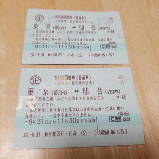 新幹線回数券　東京⇔仙台　指定席　2枚(回数券バラ）