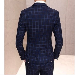 【新品未使用】上質 メンズ 正装 チェック柄スーツ スリピース 紺色ネイビー
