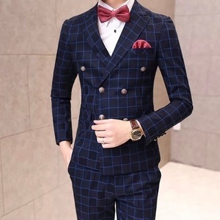 【新品未使用】上質 メンズ 正装 チェック柄スーツ スリピース 紺色ネイビー