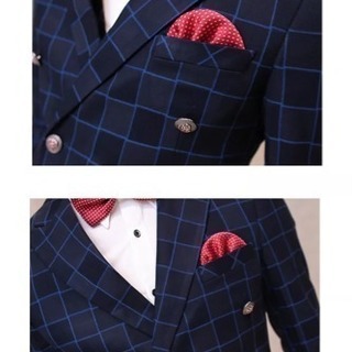 【新品未使用】上質 メンズ 正装 チェック柄スーツ スリピース 紺色ネイビー