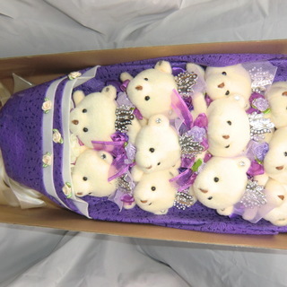 くま束　11匹　白クマのぬいぐるみの花束　紫　パープル