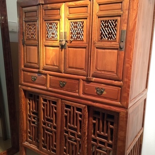 収納家具 中国アンティーク家具｜松材茶漆格子戸キャビネット 清末～民国｜