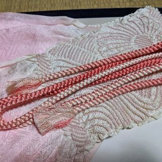【格安急募】③正絹絞り帯揚げ、正絹帯締めセット、白×ピンク、美品...