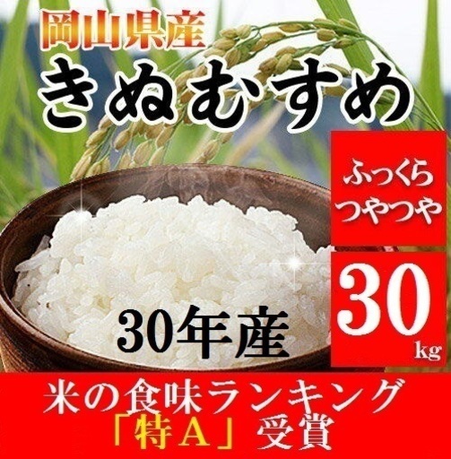 【30年産新米】　きぬむすめ　玄米　３０kg　晴れの国　岡山産　「特A」受賞　クレカOK