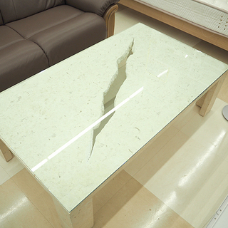 マクタンストーンテーブル　ガラス天板　ひび割れデザイン　ホワイト