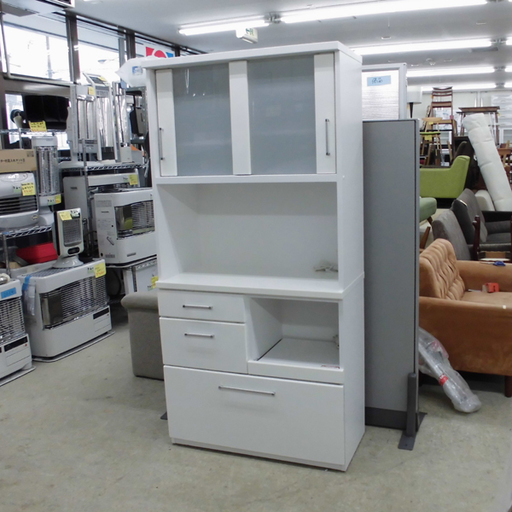 ニトリ キッチンボード レンジボード 食器棚 引き戸 白 鏡面仕上げ 札幌市西区西野
