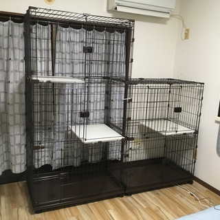 【終了】　未使用、アイリス猫ケージ(キャットケージ)３段×２組＋連結キット×２