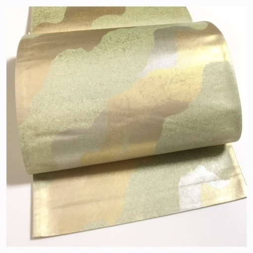 上質　未使用　美品　正絹　袋帯　ゴールド　グリーン　引き箔染め　六通柄　中古品