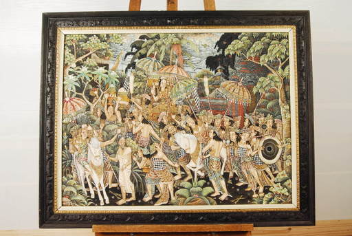 7528　バリ絵画　SUPARTA　KUTUM 村人　祭り　額装 布絵 105×83cm ウブド絵画　アントレ