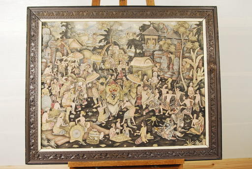 7529　バリ絵画　 村人　祭り　額装 布絵 103×83cm ウブド絵画　アントレ
