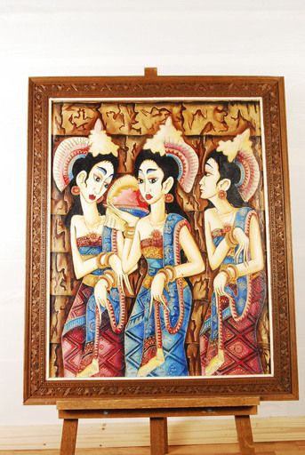 7534　バリ絵画　D.　SUAR 女の人　3人　額装 布絵 83×103 ウブド絵画　アントレ