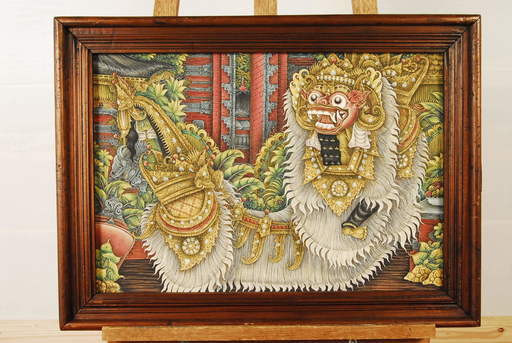 7537　バリ絵画　W.　KARDANA　獅子　額装 布絵　 78×58cm　アントレ