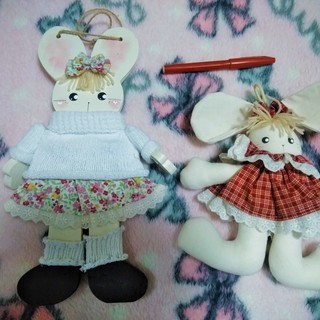 ★ハンドメイド2点!!かわいいウサギのぬいぐるみ＆木のお人形★