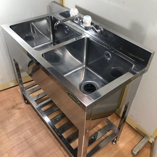 業務用 ステンレス 2層シンク流し台  蛇口付き W900xD450xH800mm
