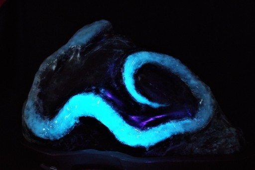 蛍光＆蓄光】光る蛇石 鑑賞石 木台付 白蛇財運縁起置物 UVブラック