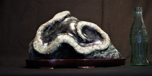 【蛍光＆蓄光】光る蛇石　鑑賞石　木台付　白蛇財運縁起置物　飾り石　ＵＶブラックライトで発光