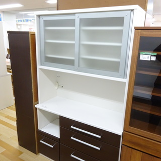 松田家具　食器棚 スライドドア付き 松田家具 2枚スライド扉レンジボード ブラウン×ホワイト