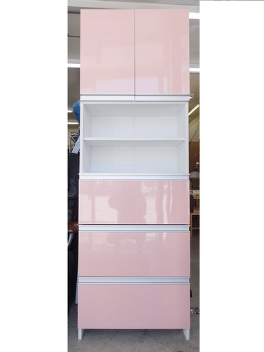 【恵庭】キッチンボード/食器棚 ホワイト×ピンク 幅60×高さ180×奥行30 中古 スリムタイプ