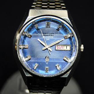 ジャンク扱い SEIKO セイコー 38クオーツ クオーツQR 3針 メンズ デイデイト ブルーダイヤル カットガラス 1970年代 アンティーク 電池切れ ☆ PayPay(ペイペイ)決済可能 ☆ 札幌市 清田区 平岡