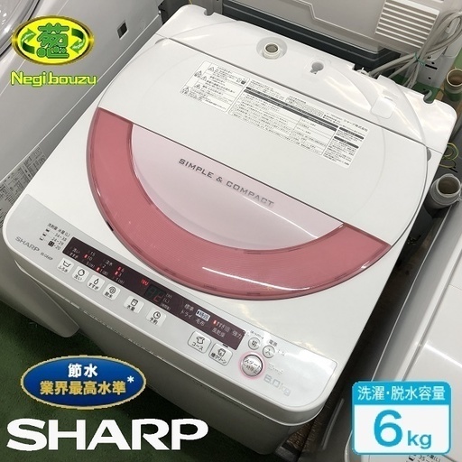美品【 SHARP 】シャープ 洗濯6.0㎏ 全自動洗濯機 穴なし槽 黒カビダブルブロック 風乾燥 ES-GE60P