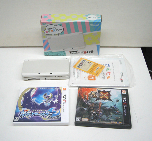 任天堂 Newニンテンドー3DS KTR-001 ソフト2本付き (モンハン、ポケモン) ホワイト ☆ PayPay(ペイペイ)決済可能 ☆ 札幌市 清田区 平岡