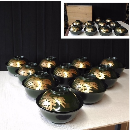 漆塗 吸物椀 10客 ② 木箱入り 蔵出し品 a261