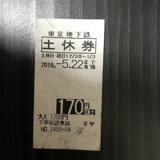 東京メトロ（東京地下鉄）１７０円区間　土休回数券　有効期限：20...