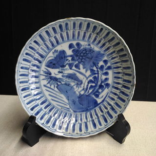 お取引中」南京青花芙蓉手花口盤 皿 明時代 s151